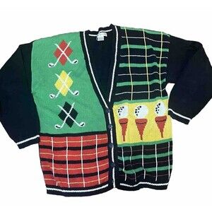 Vintage Preppy Golf Cardigan Women’s Large Grannycore Sarah Alexander Knit Sport